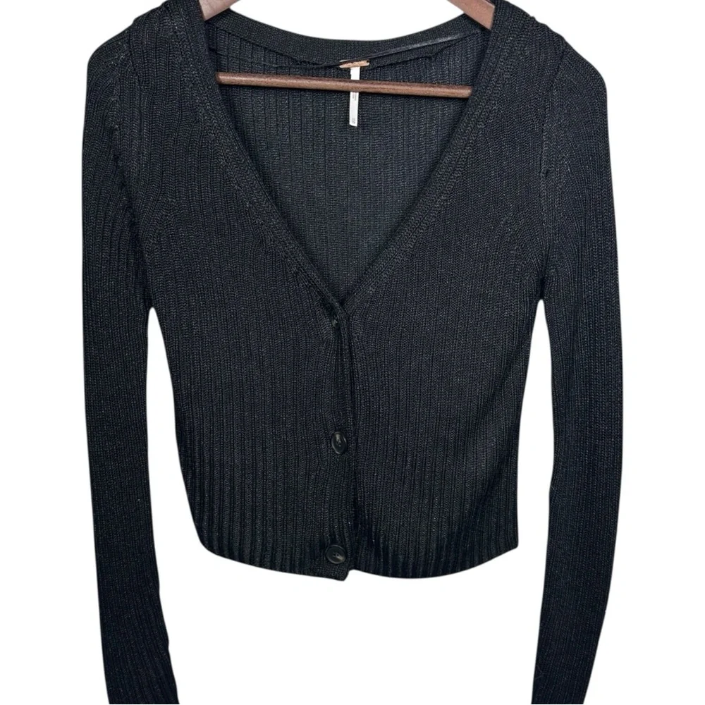 Free People‎ Game On Ribbed Cardigan Size XS Black Basic Staple Minimalist